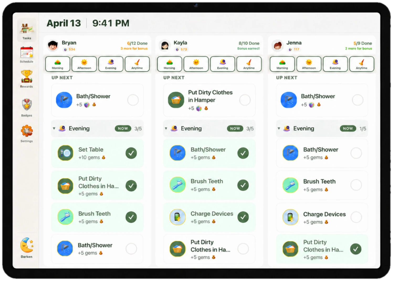 Family task board on iPad — household tasks at a glance