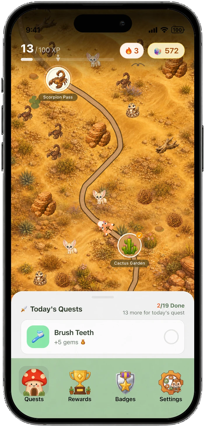 Complete phone showing Chorby's desert Adventure Map and daily quests