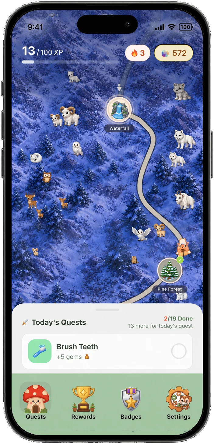 Complete phone showing Chorby's mountain Adventure Map and today's quests