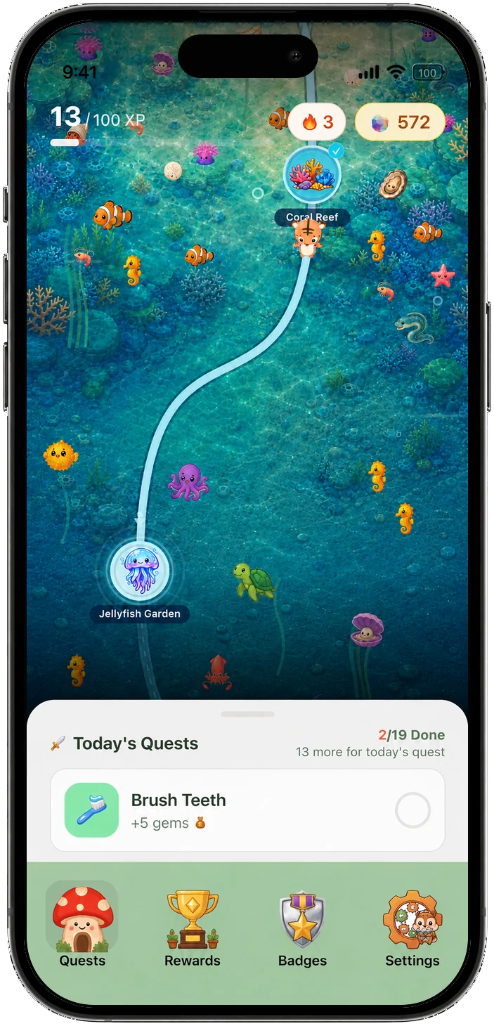Complete phone showing Chorby's ocean adventure map and today's chore list