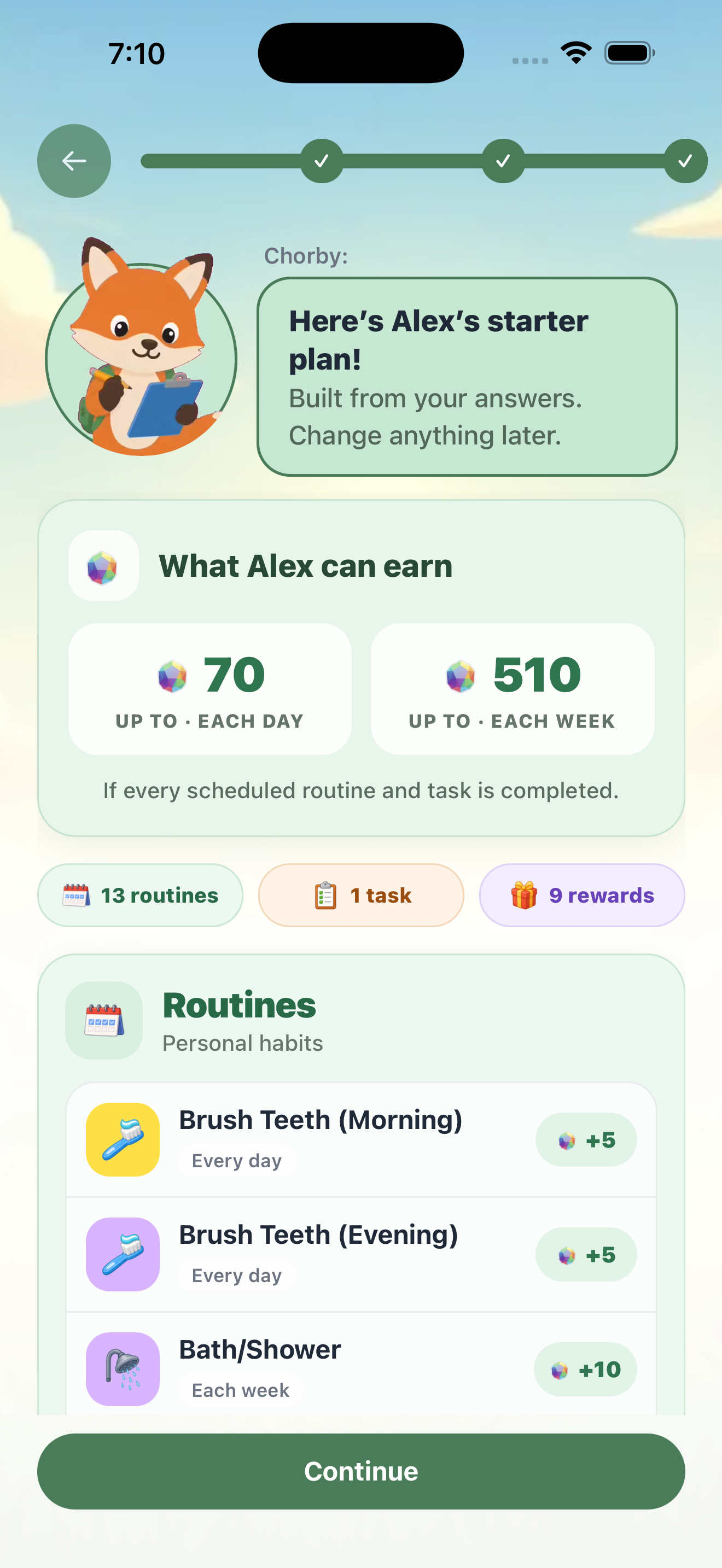 Chorby's setup starter plan showing suggested routines, tasks, and rewards for an example child