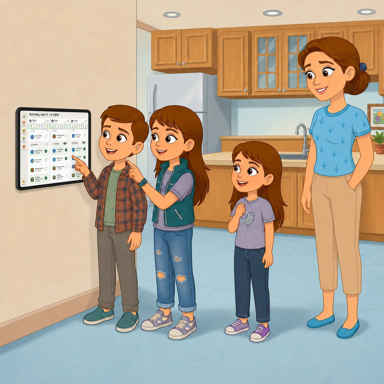A family checking off tasks on a wall-mounted kitchen tablet running Chorby